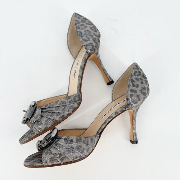Vintage Manolo Blahnik Leopard Print Peep Toe Buckle Detail D'Orsay Heel IT 36.5 - Picture 4 of 11